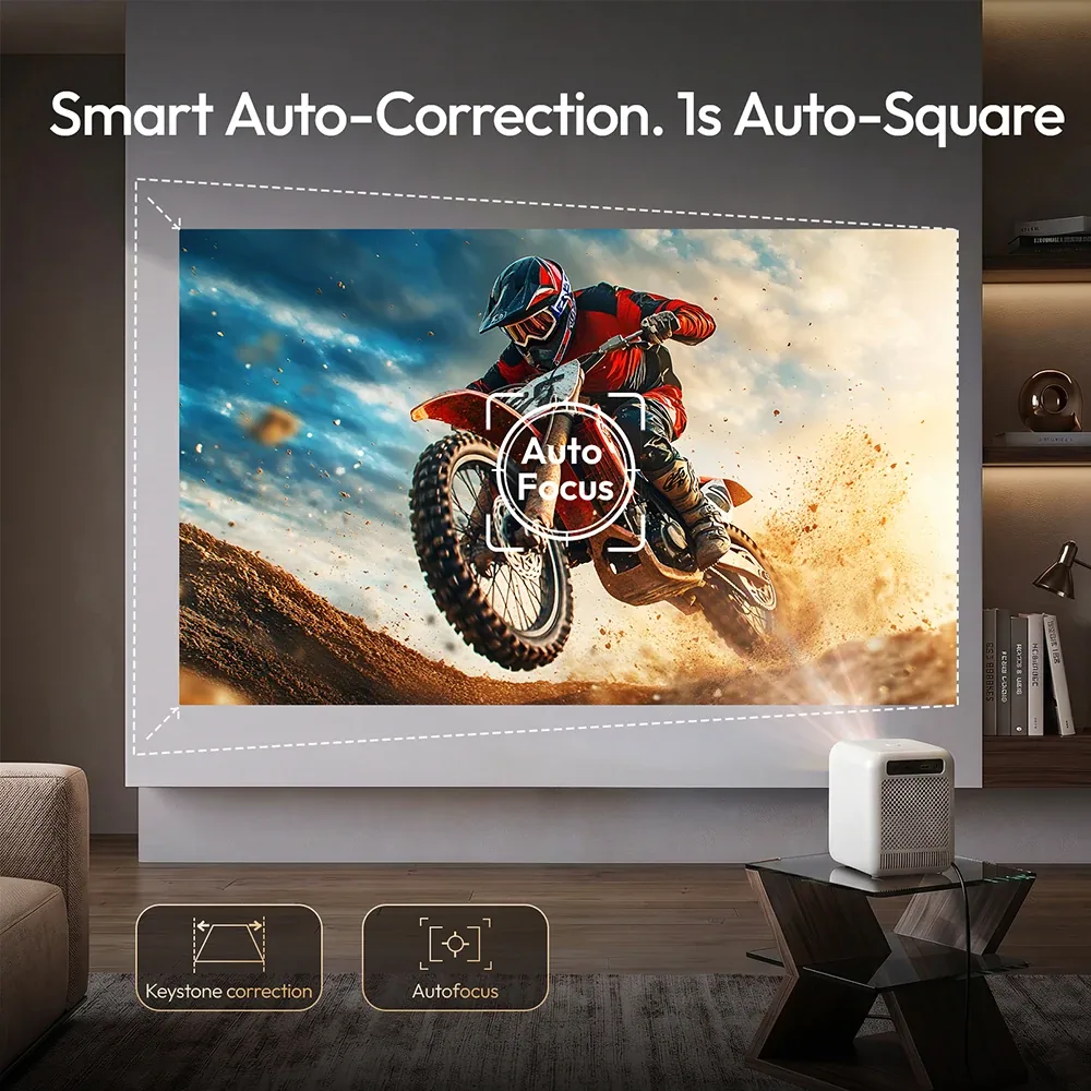 자동 초점과 오토 키스톤 기능을 시연하는 장면