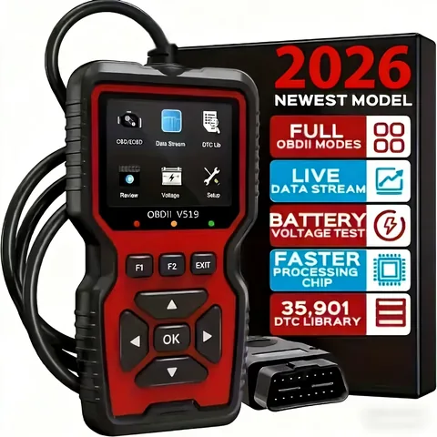 V519 OBD2 스캐너 본체와 주요 기능을 보여주는 패키지