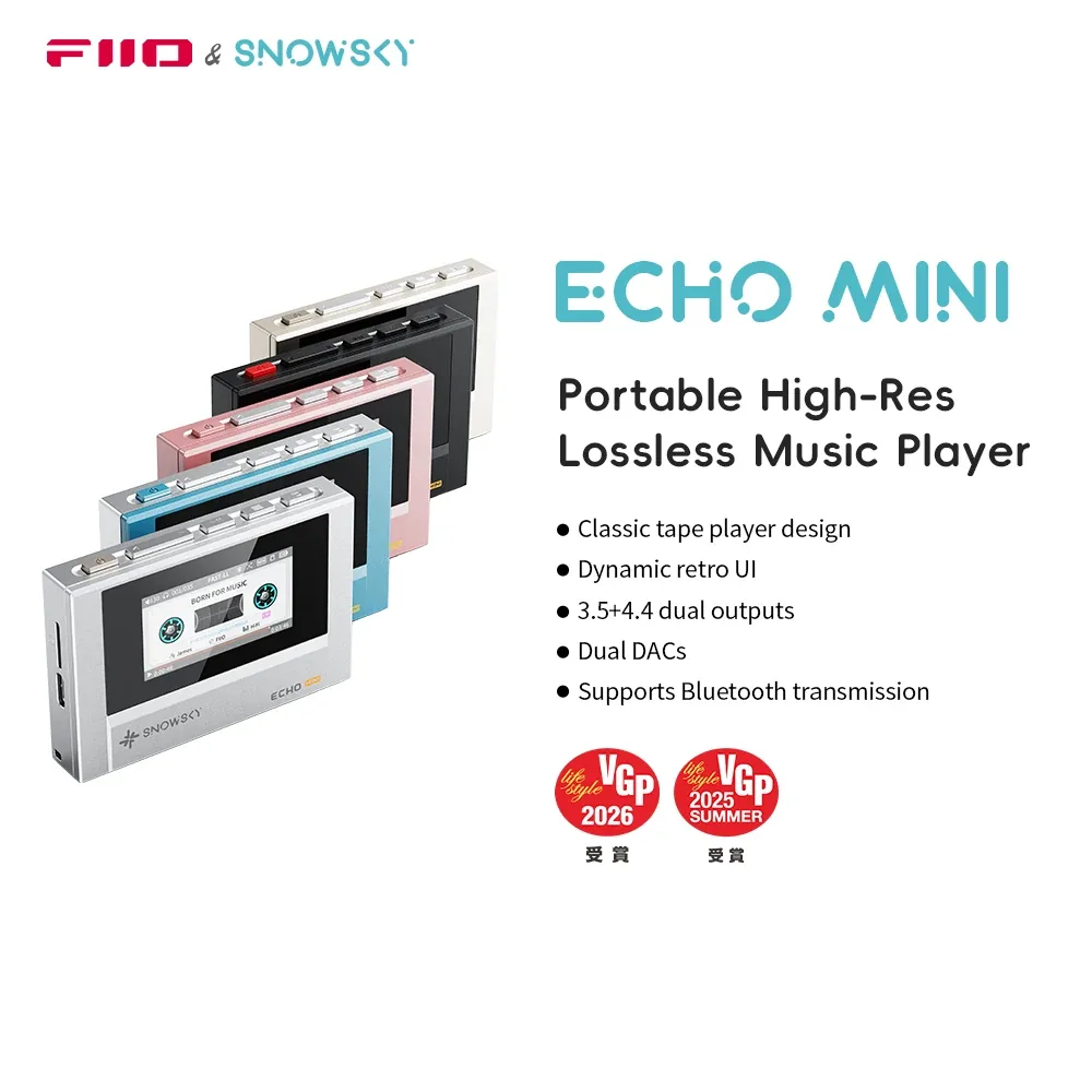 다양한 색상의 FiiO Echo 미니 플레이어와 특징 요약